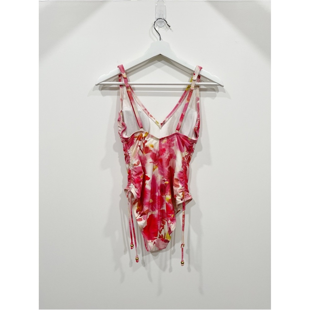 Shade & Shore Pink Floral Ruched V-Neck One Piece Swimsuit Size Small 4-6 - Picture 7 of 13